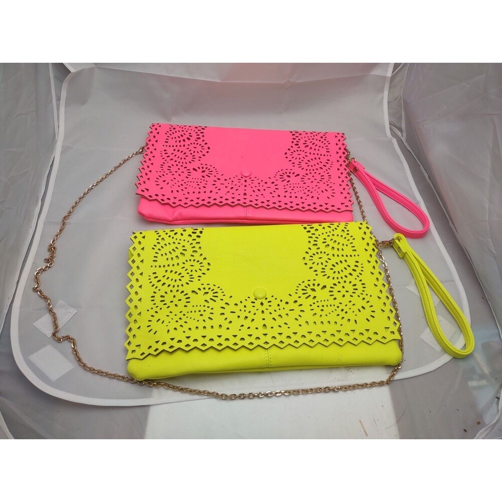 2 Yoki laser cut soft faux leather crossbody bag wristlet clutch Pink & Yellow